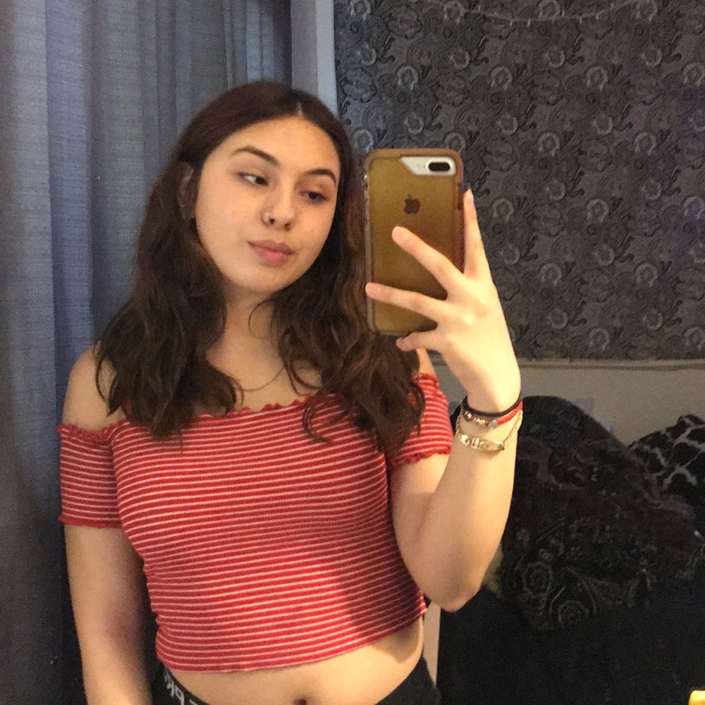 Red and white off the shoulder crop top